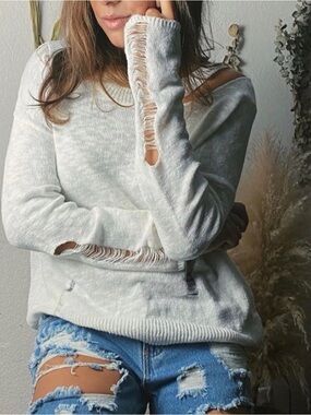 Off-the-Shoulder Distressed White Knit Sweater